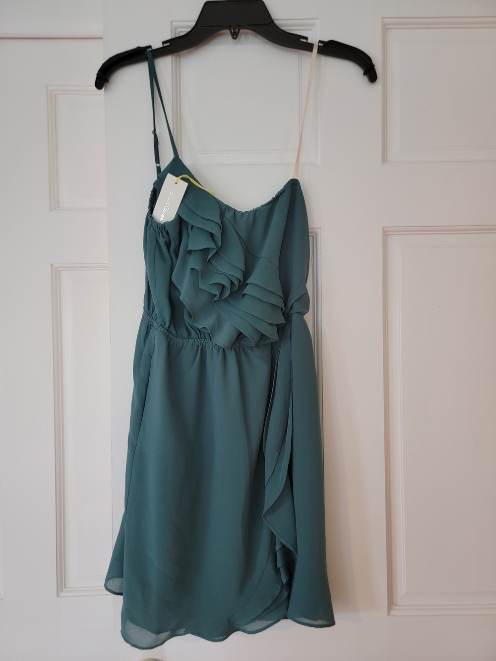 BCBG Teal One-Shoulder Ruffle Mini Dress